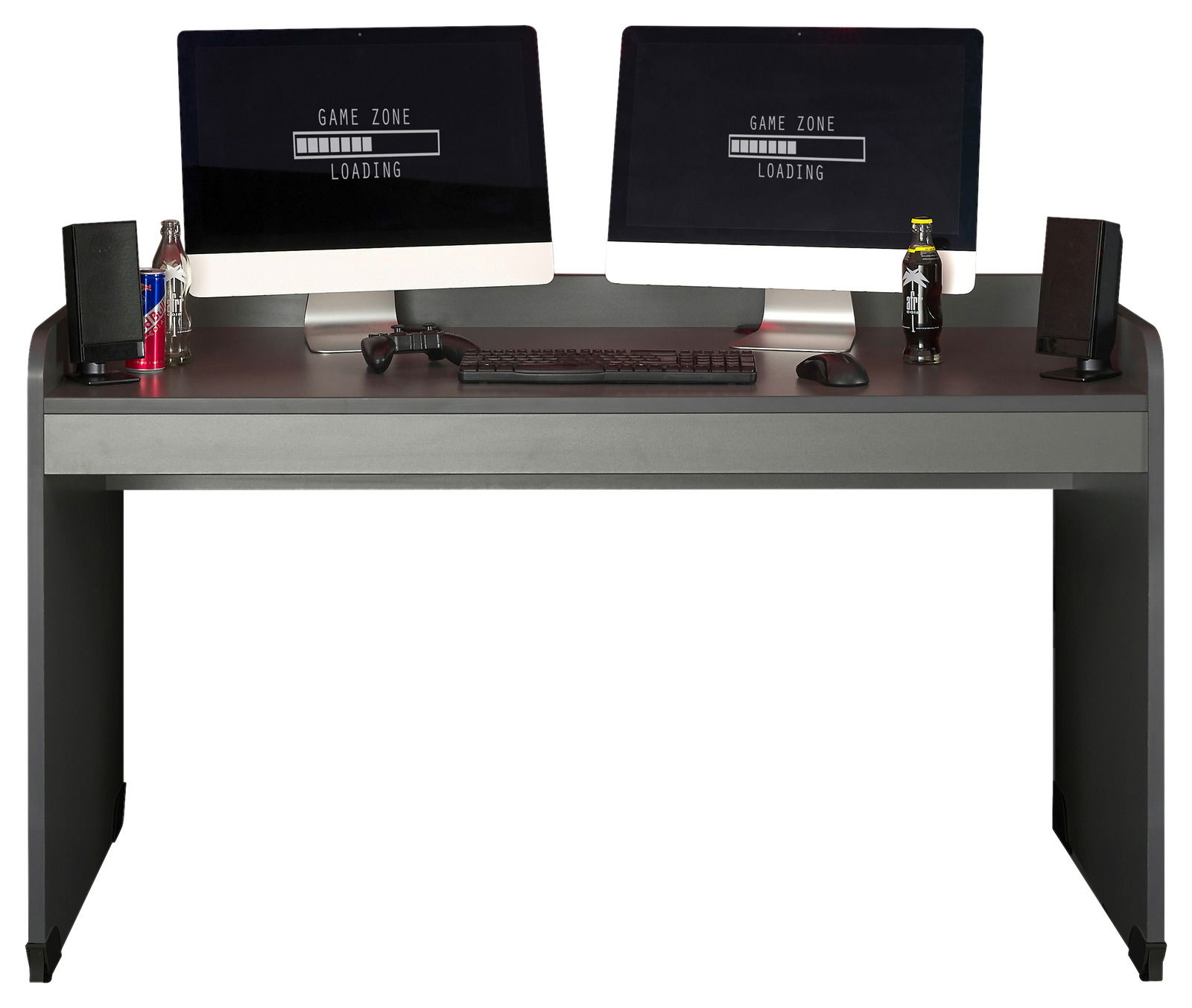 Moderner Schreibtisch mit zwei Monitoren, Tastatur und Maus, frontal betrachtet.