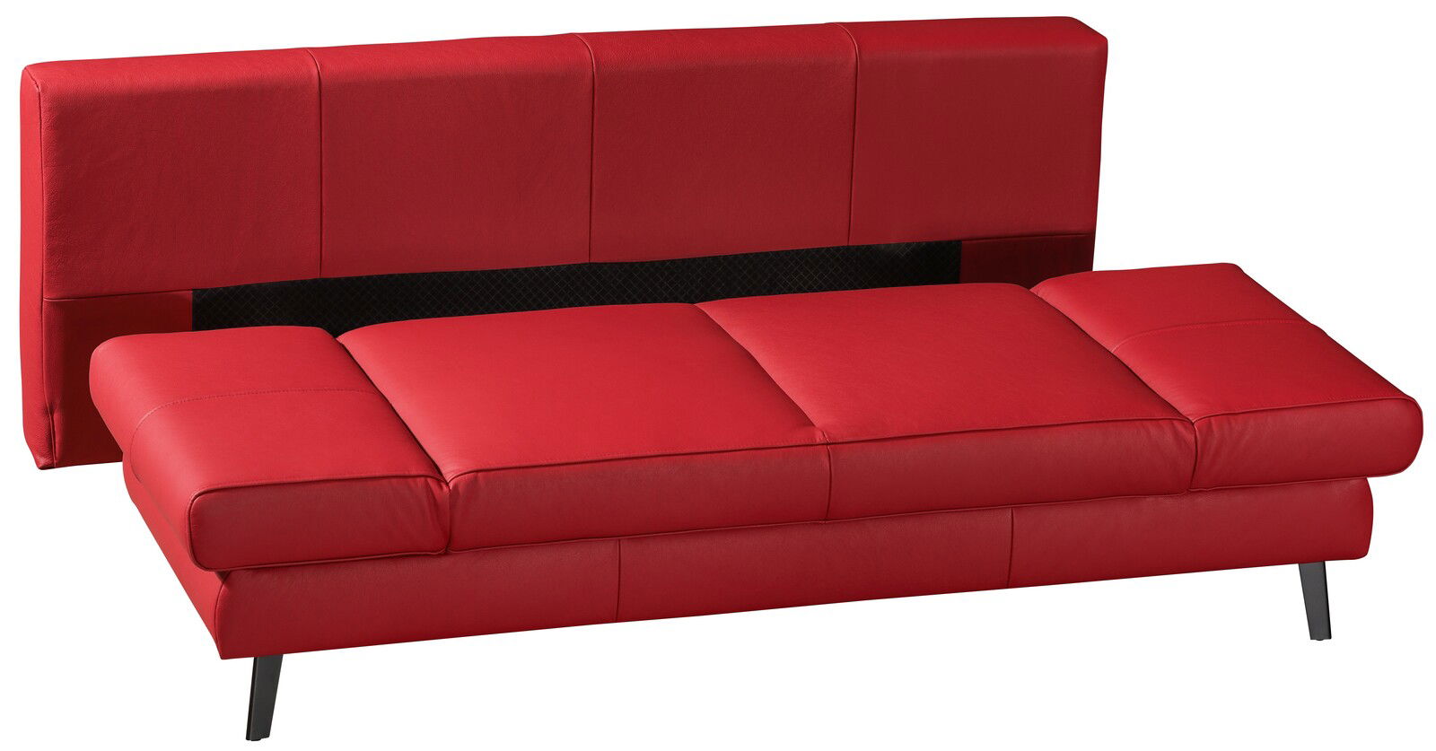 Rotes Querschläfer-Sofa in Seitenansicht, ausgeklappt zur Liegefläche