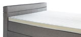 Seitliche Ansicht eines grauen Boxspringbetts mit weißer Matratze