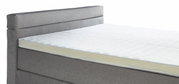 Seitliche Ansicht eines grauen Boxspringbetts mit weißer Matratze