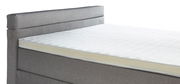 Seitliche Ansicht eines grauen Boxspringbetts mit weißer Matratze