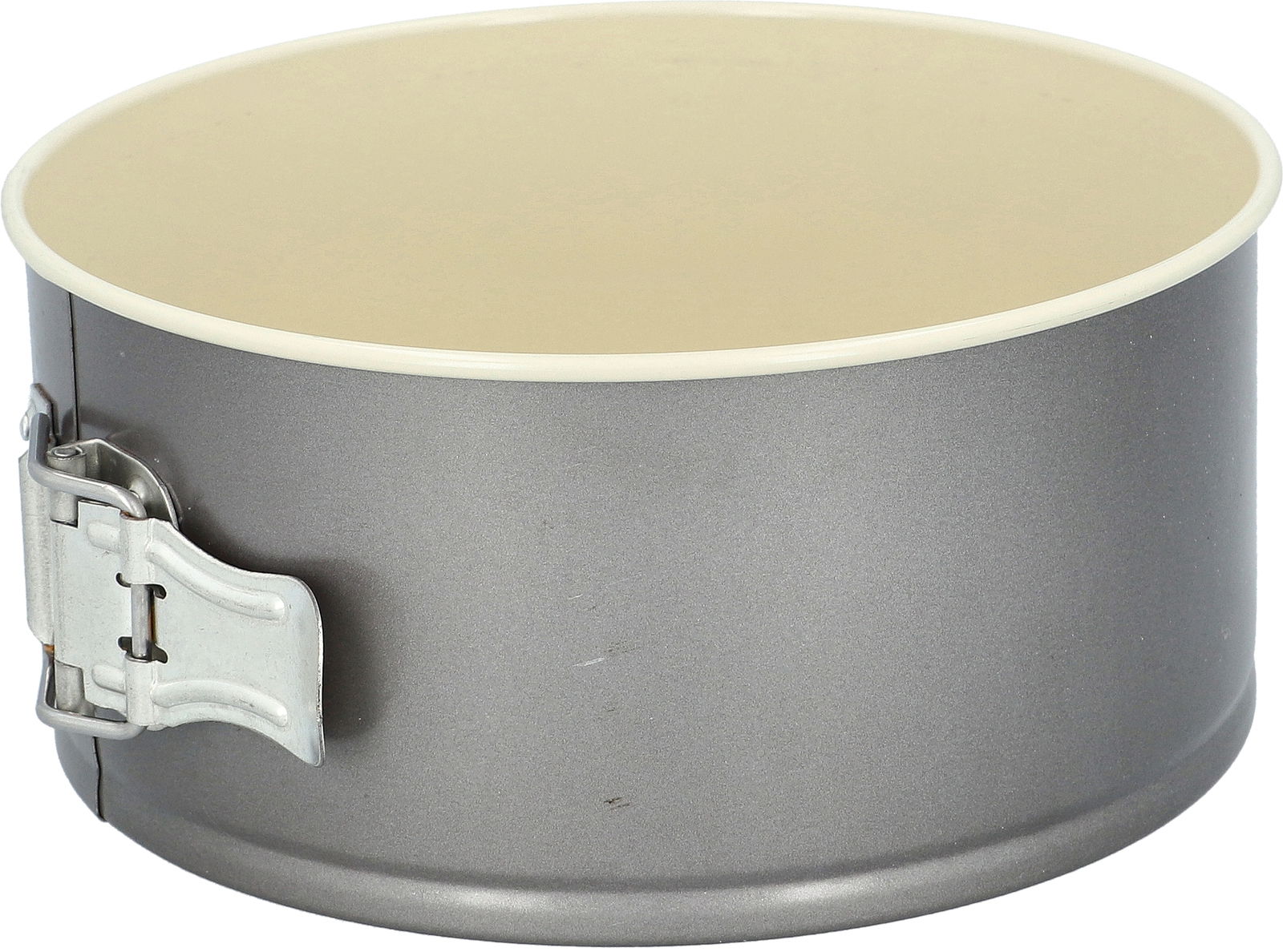 Runde Springform aus Metall mit Verschluss, seitliche Perspektive