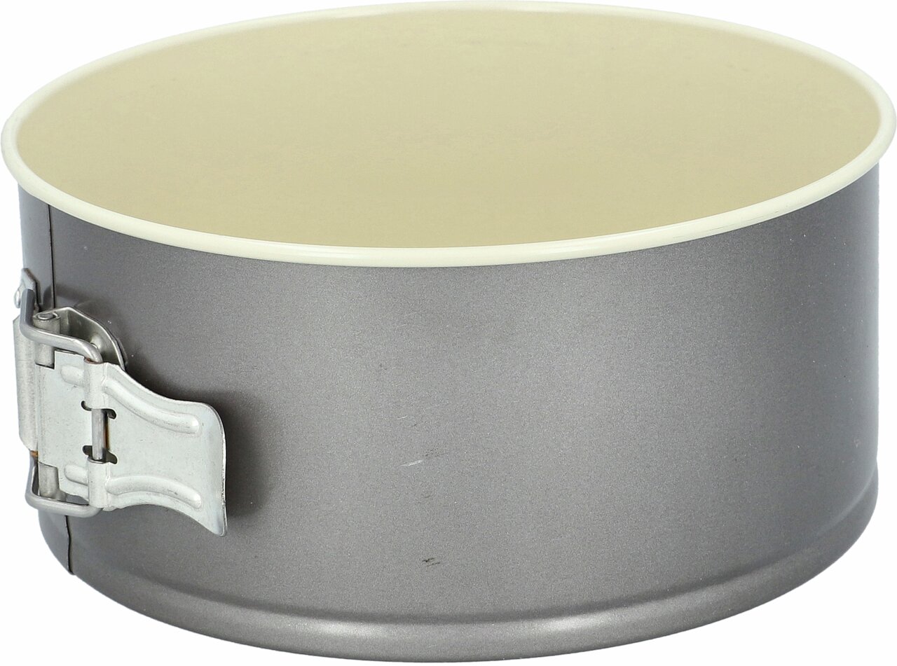 Runde Springform aus Metall mit Verschluss, seitliche Perspektive