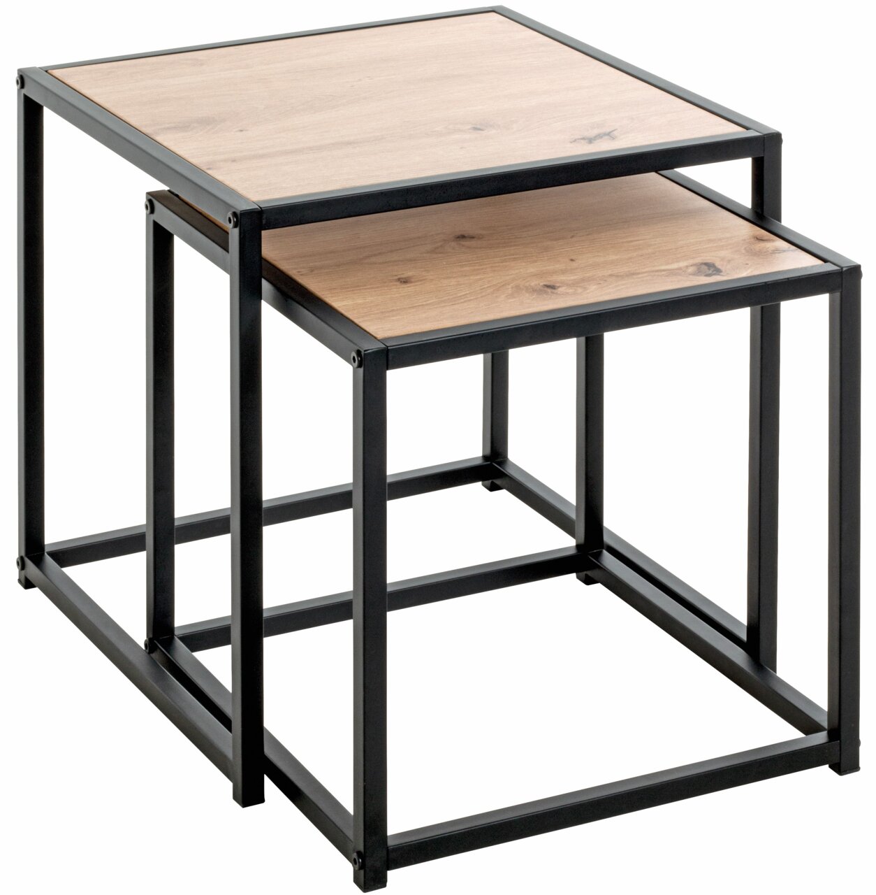 Set van twee bijzettafels met een zwart metalen frame en een houten blad, in perspectief gefotografeerd vanaf rechtsvoor.