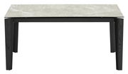 Moderner Esstisch mit schwarzem Gestell und heller Marmoroptik-Tischplatte, Frontalansicht.