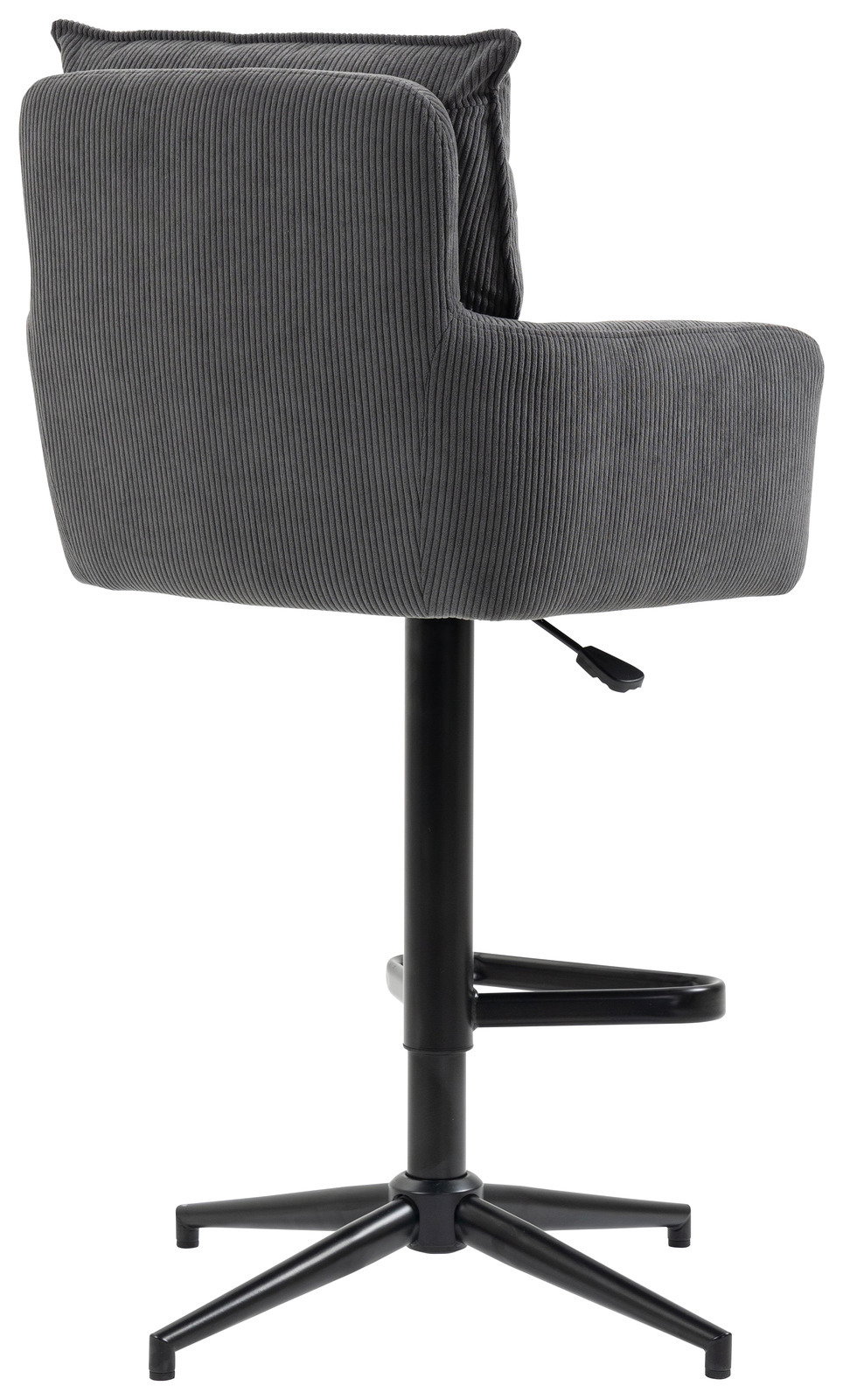 Grauer Barhocker mit gepolsterter Rückenlehne und Sitzfläche, seitliche Ansicht