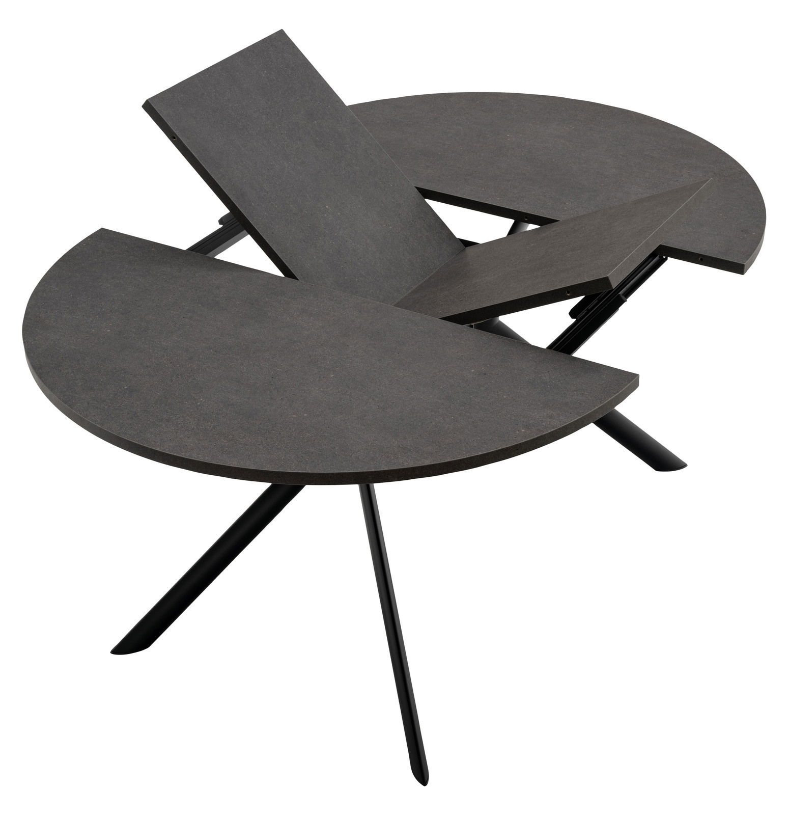 Moderner Esstisch mit runder, dunkler Tischplatte und ausziehbarer Funktion, seitliche Perspektive