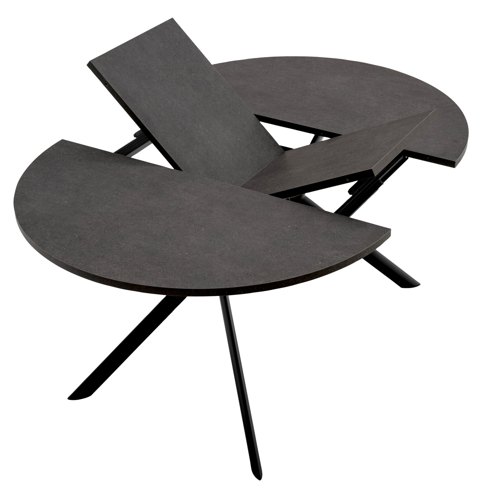 Moderner Esstisch mit runder, dunkler Tischplatte und ausziehbarer Funktion, seitliche Perspektive