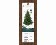 Everlands Premium Nordmanntanne als künstlicher Weihnachtsbaum mit naturgetreuer Benadelung und Metallständer, 2,1 m hoch und ca. 150 cm breit, in frontaler Gesamtansicht auf der Verpackung