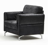 Schwarzer Sessel aus seitlicher Perspektive mit Metallfüßen