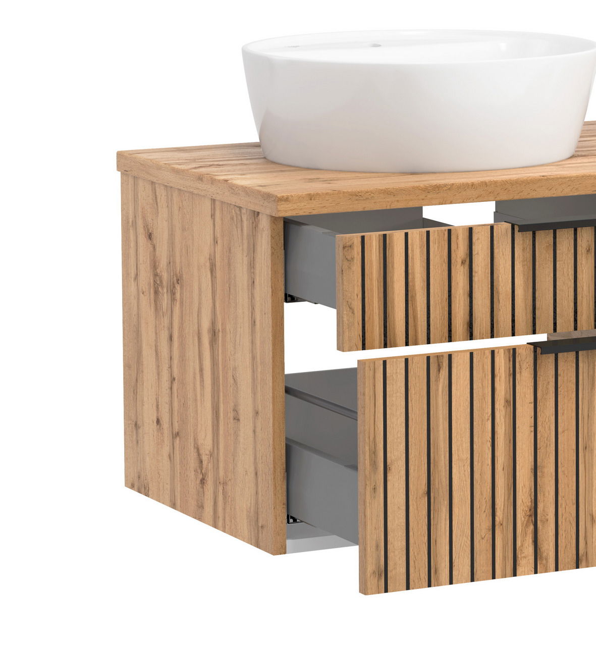 Waschtisch-Set 120 cm mit Holzoptik, zwei Schubladen und einem weißen Aufsatzwaschbecken, seitliche Perspektive