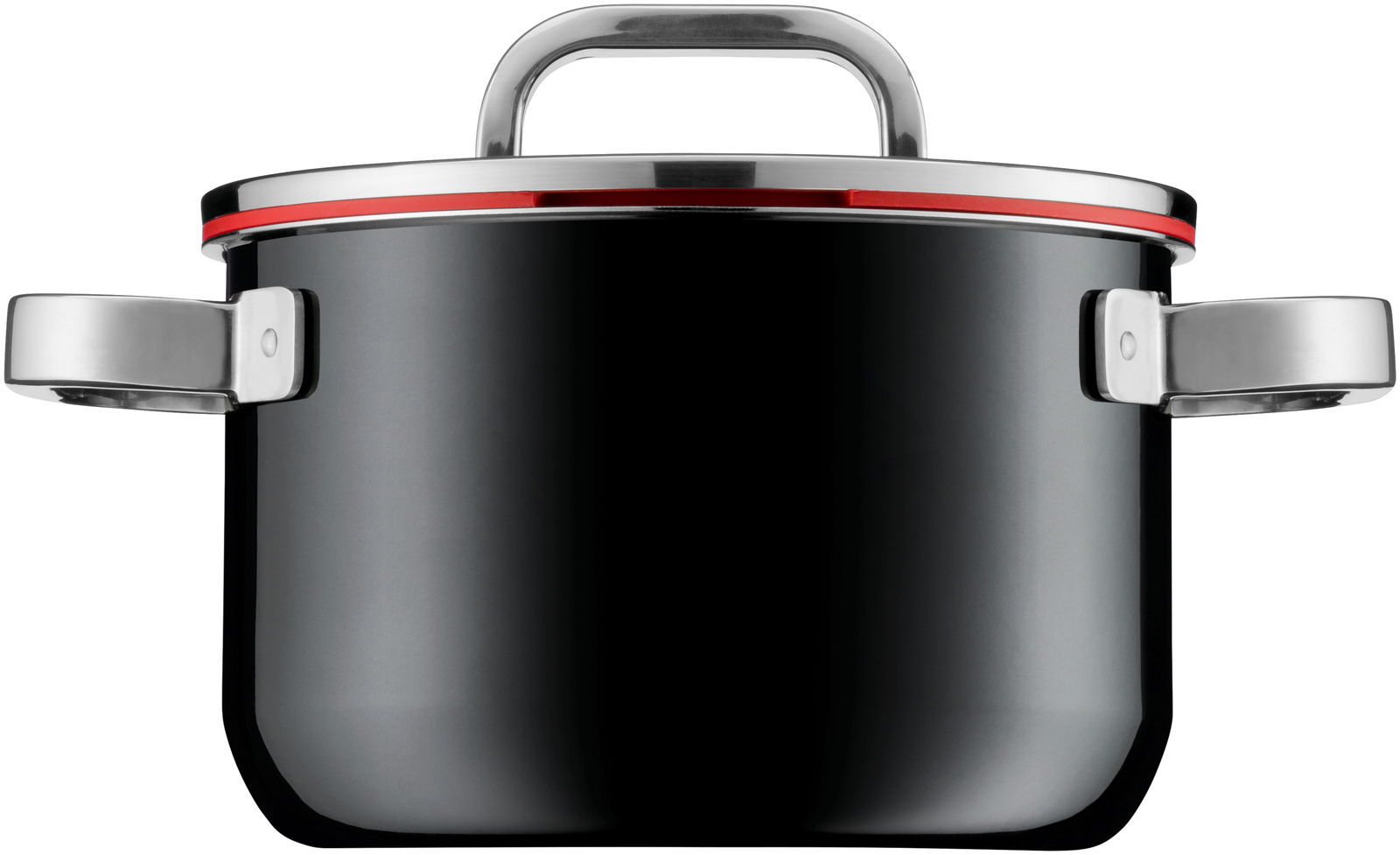 Schwarzer Kochtopf aus der Fusiontec-Serie mit Edelstahlgriffen und rotem Akzent, Frontalansicht.