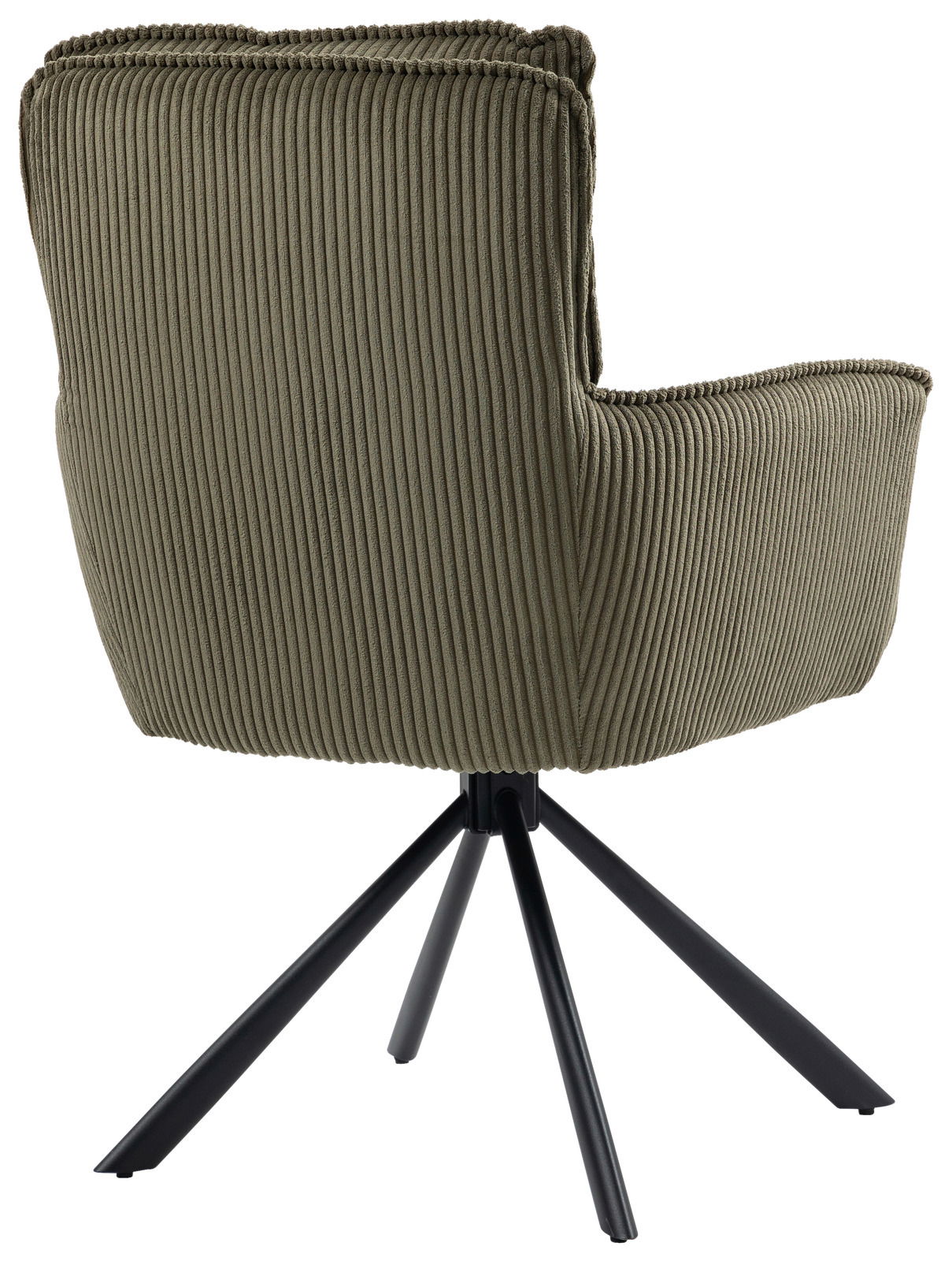 Rückansicht eines Sessels mit olivgrünem, geripptem Stoffbezug und schwarzem Metallgestell.
