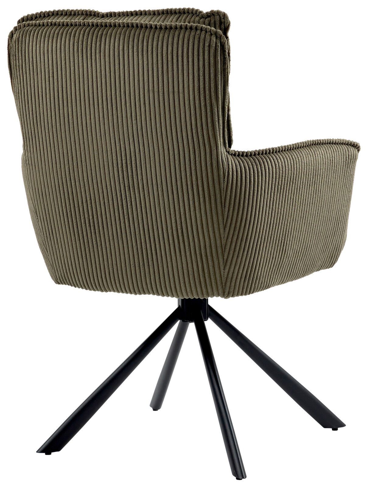 Rückansicht eines Sessels mit olivgrünem, geripptem Stoffbezug und schwarzem Metallgestell.