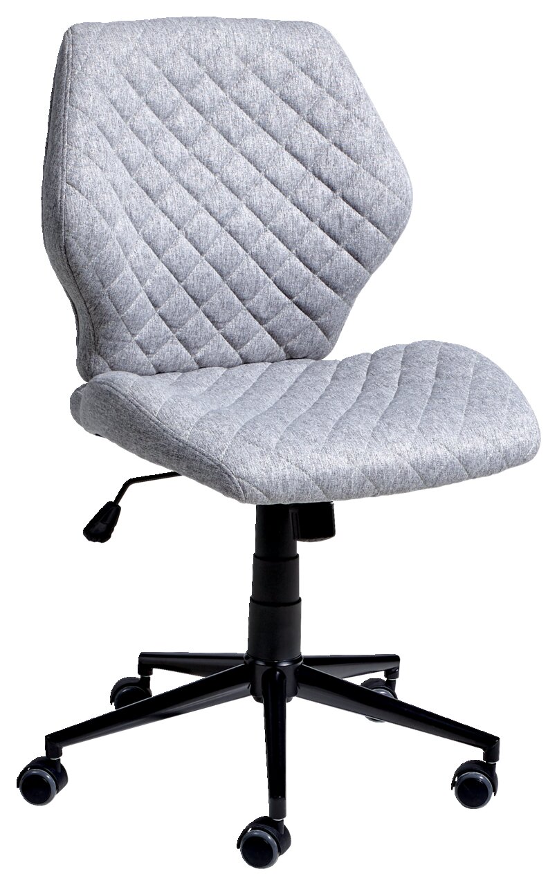 Grauer Drehstuhl mit gestepptem Stoffbezug, seitliche Perspektive