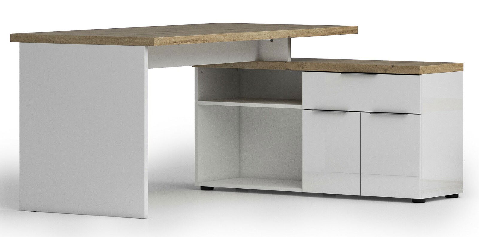 Moderner Eckschreibtisch mit weißem Korpus und Holzoberfläche, seitliche Perspektive
