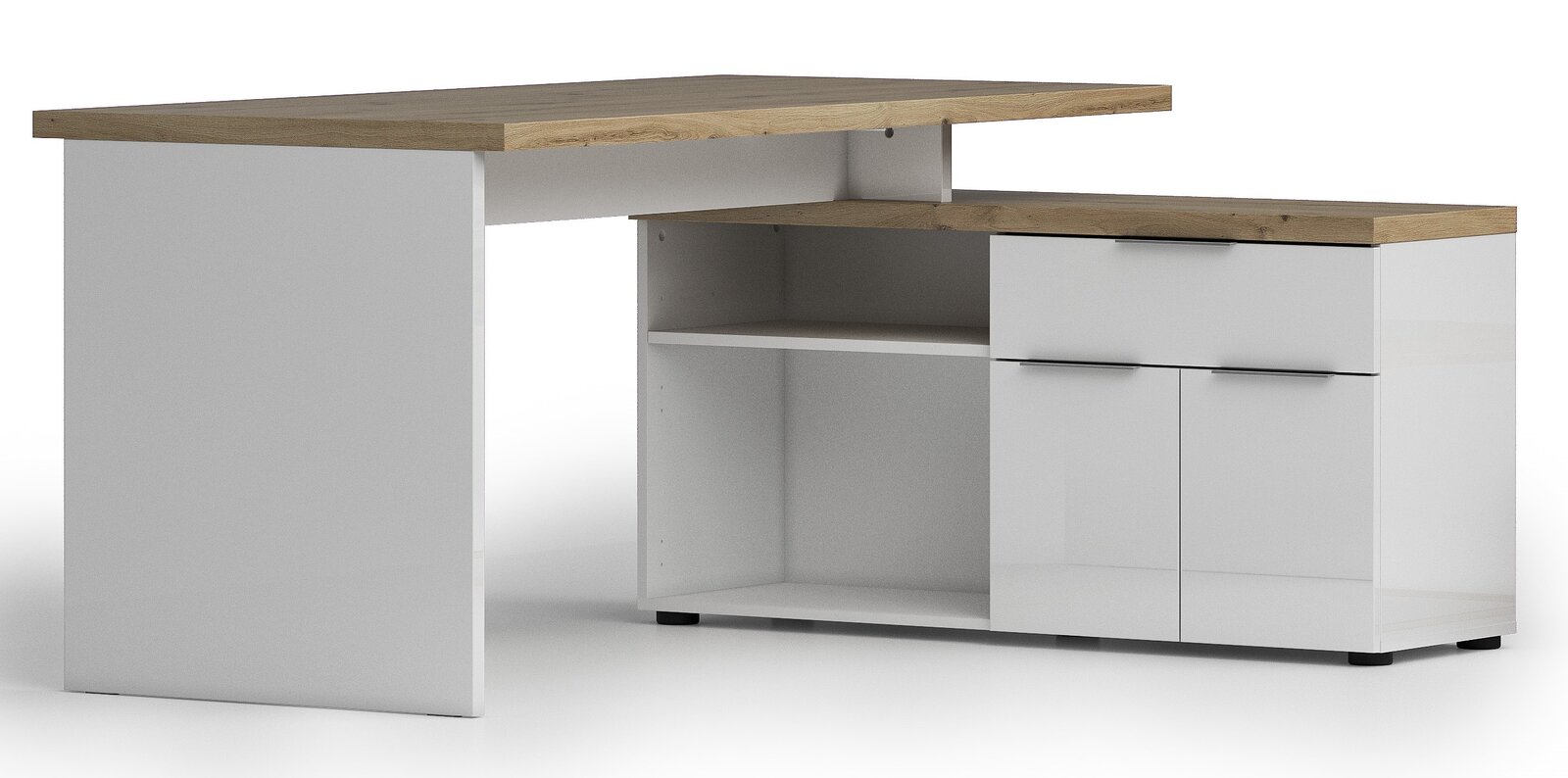 Moderner Eckschreibtisch mit weißem Korpus und Holzoberfläche, seitliche Perspektive