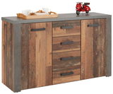 Kommode aus Holz mit rustikalem Design, drei Schubladen und zwei Türen, von vorne betrachtet. Auf der Oberseite steht ein Tablett mit Tassen und eine kleine rote Vespa-Dekoration.