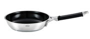 Bratpfanne mit 20 cm Durchmesser, seitliche Perspektive, Edelstahl mit schwarzem Griff