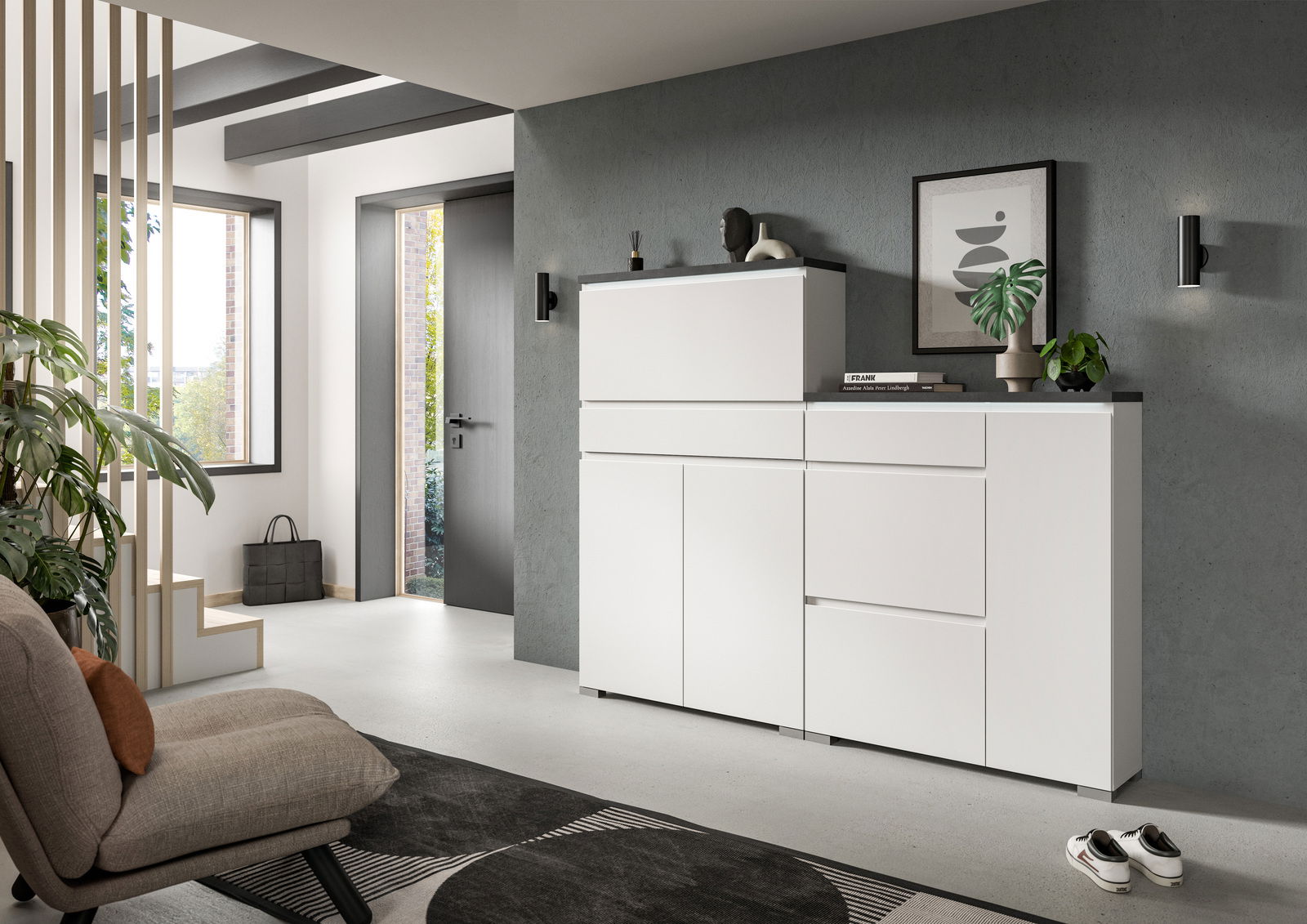 MID.YOU Schuhschrank SHOELOVE Moderner weißer Schuhschrank in einem stilvollen Eingangsbereich, frontal betrachtet.