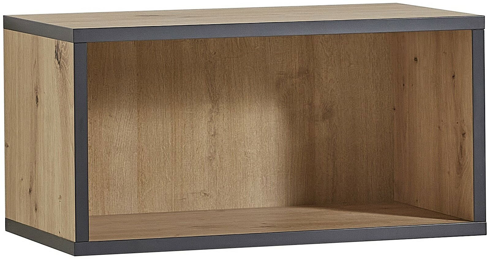 Offener Holzhänger mit schwarzem Rahmen, seitliche Perspektive