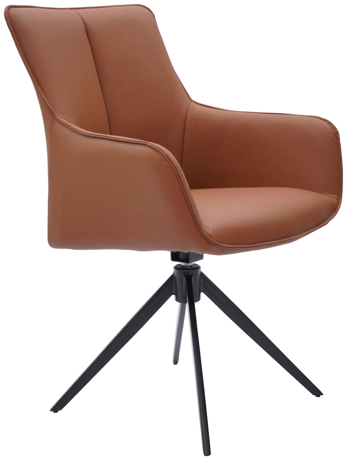 Moderner brauner Armlehnstuhl mit schwarzem Metallgestell, seitliche Perspektive