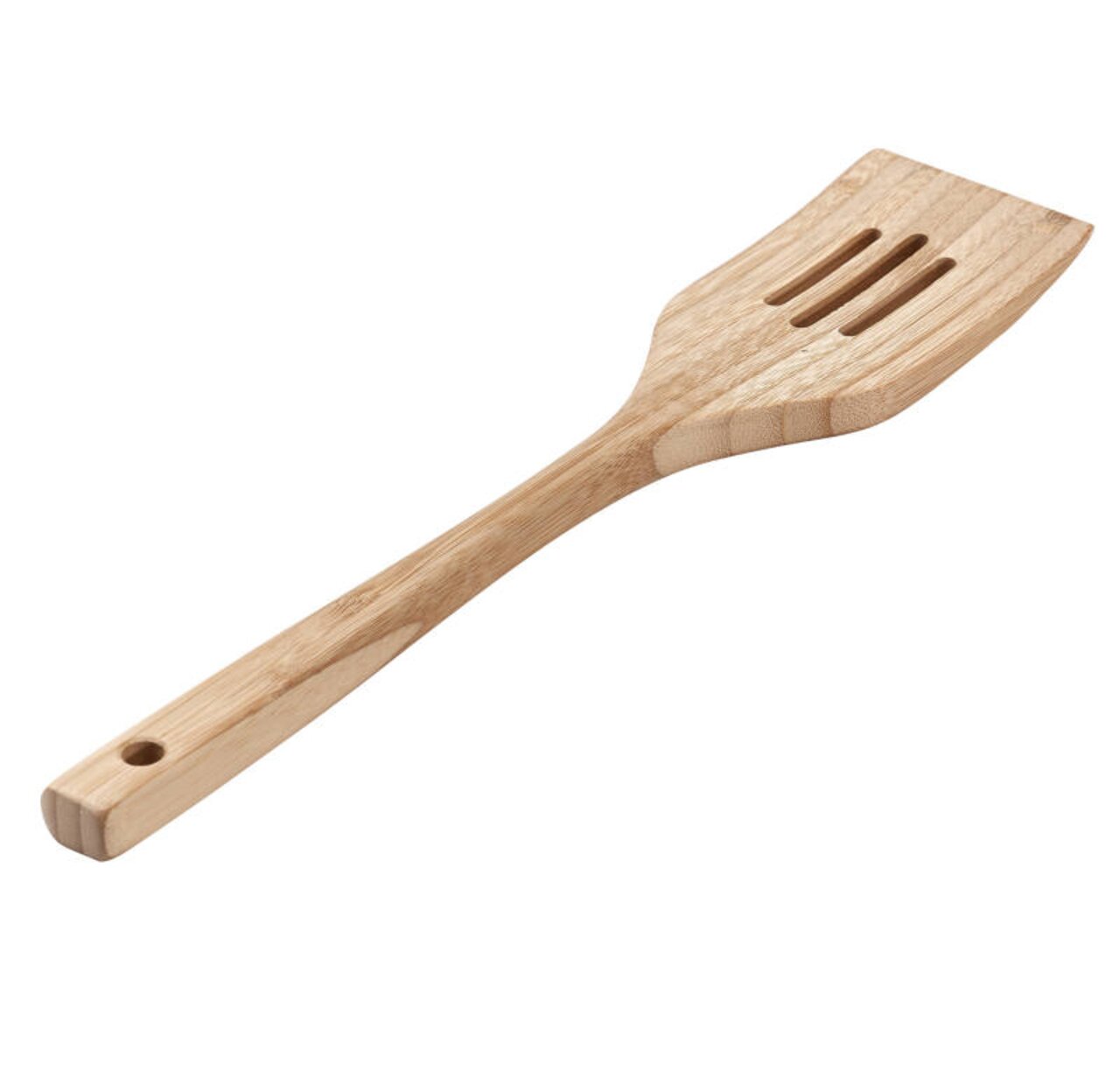 Holzpfannenwender mit Schlitzen, seitliche Perspektive