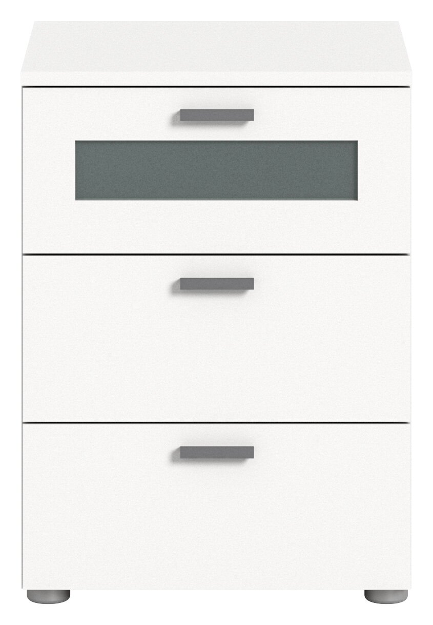 Weiße Nachtkommode mit drei Schubladen, moderne Griffe, Frontansicht
