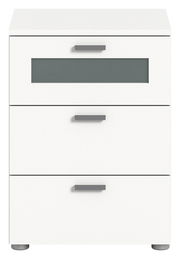 Weiße Nachtkommode mit drei Schubladen, moderne Griffe, Frontansicht