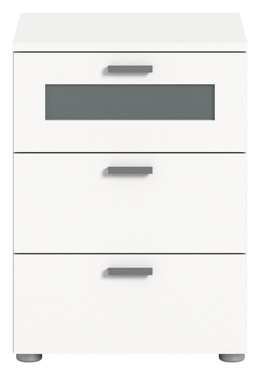 Weiße Nachtkommode mit drei Schubladen, moderne Griffe, Frontansicht
