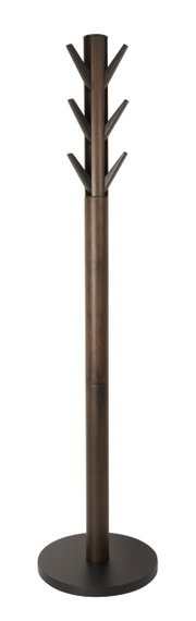 Moderner Garderobenständer aus Holz mit mehreren Haken, frontal abgebildet.