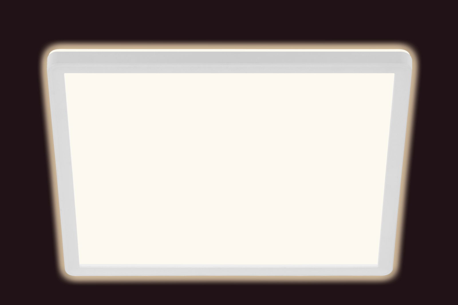 Rechteckige LED-Deckenleuchte mit weißem Rahmen, Ansicht von unten