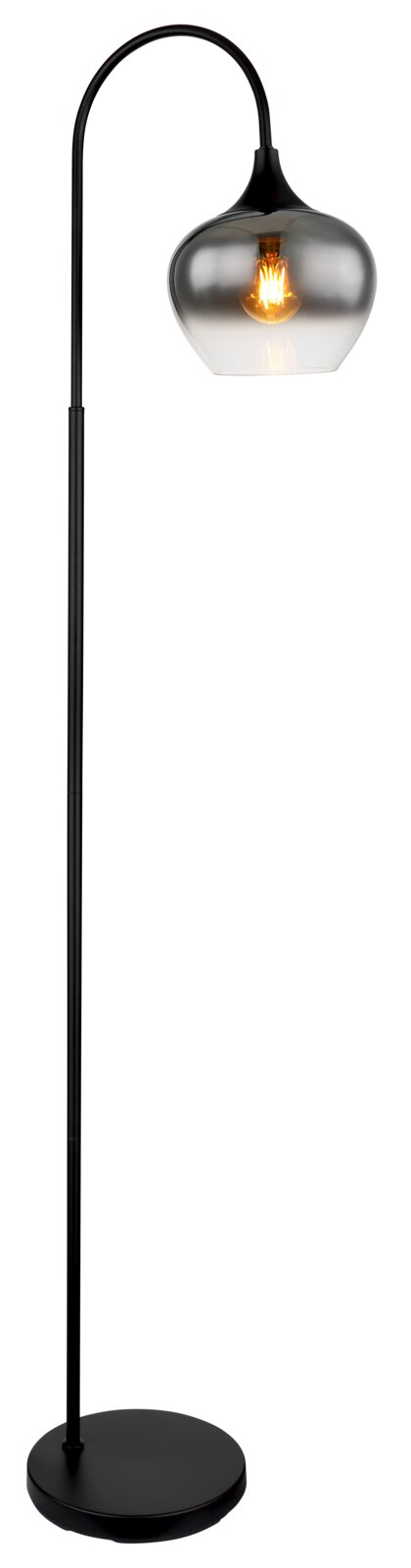 Moderne Stehleuchte mit gebogenem Stab und rauchgrauem Glasschirm, seitliche Perspektive