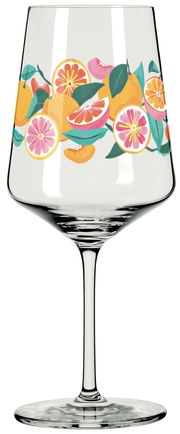 Weinglas mit buntem Zitrusfrüchte-Design, seitliche Perspektive