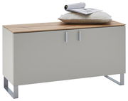 Garderobenbank mit Holzoberfläche, zwei Türen und Metallfüßen, seitliche Perspektive