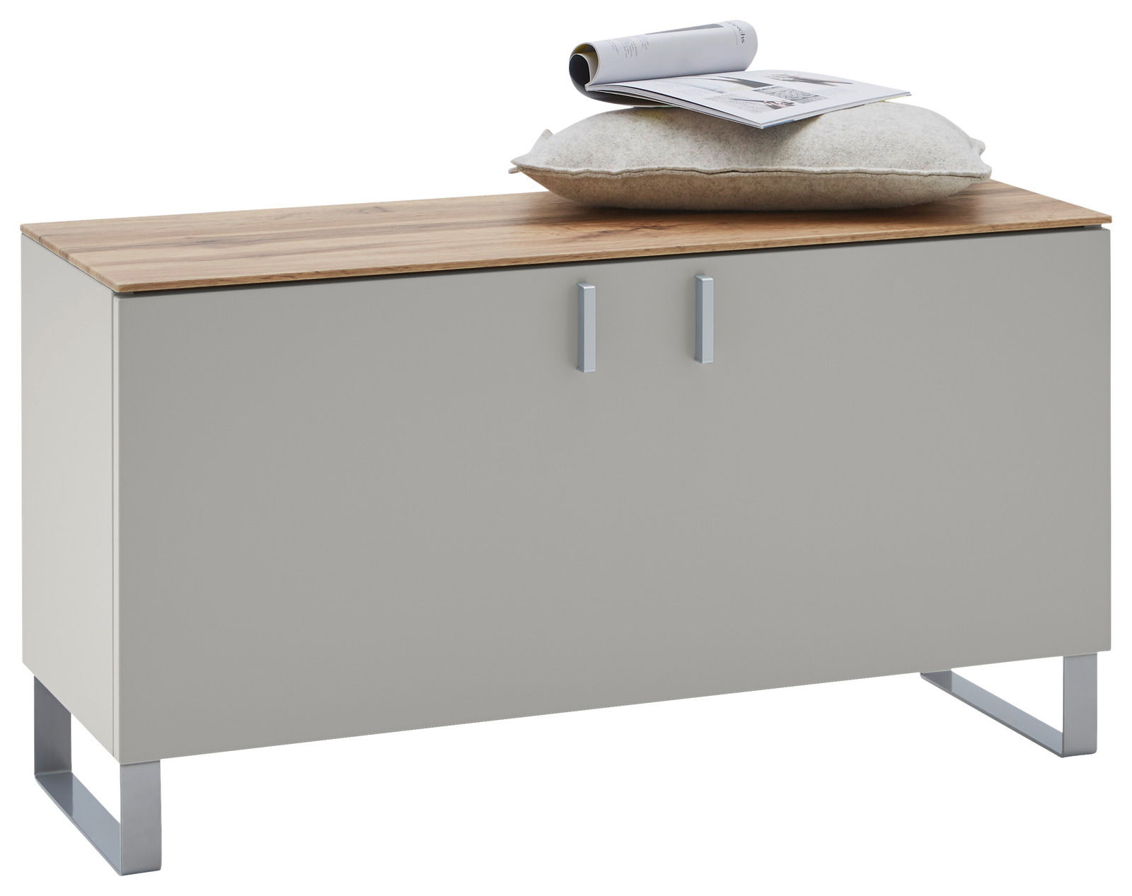 Dieter Knoll Garderobenbank CORTINA Garderobenbank mit Holzoberfläche, zwei Türen und Metallfüßen, seitliche Perspektive