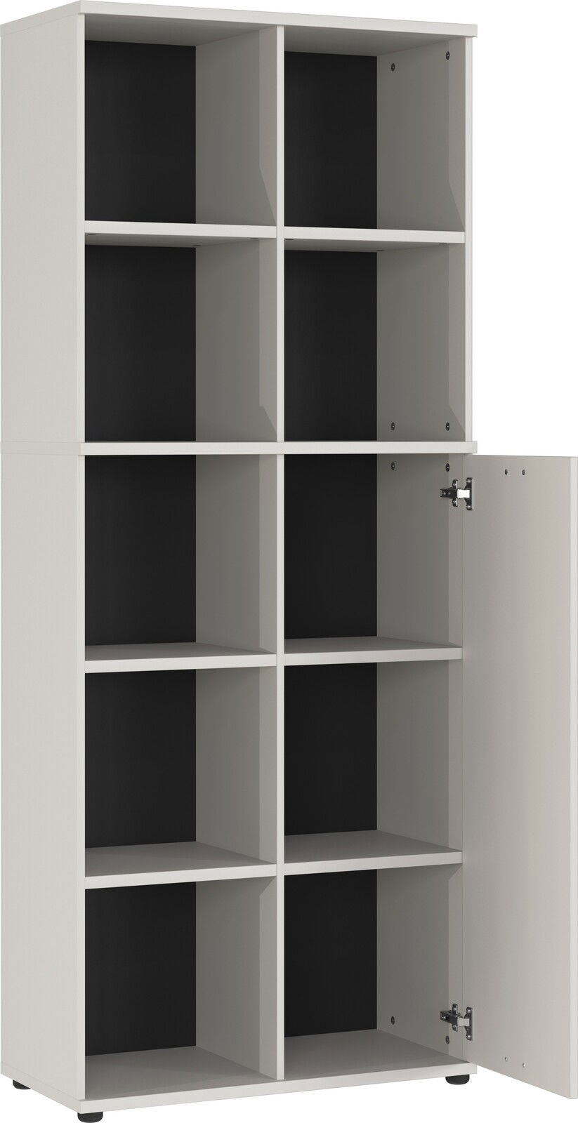 Aktenschrank mit acht offenen Fächern und einer Tür, perspektivisch von vorne rechts betrachtet.