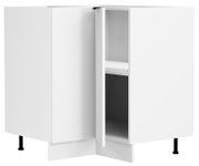 Weißer Eck-Unterschrank mit offener Front, Innenregal und schwarzen Füßen, in schräger Frontansicht von vorn.