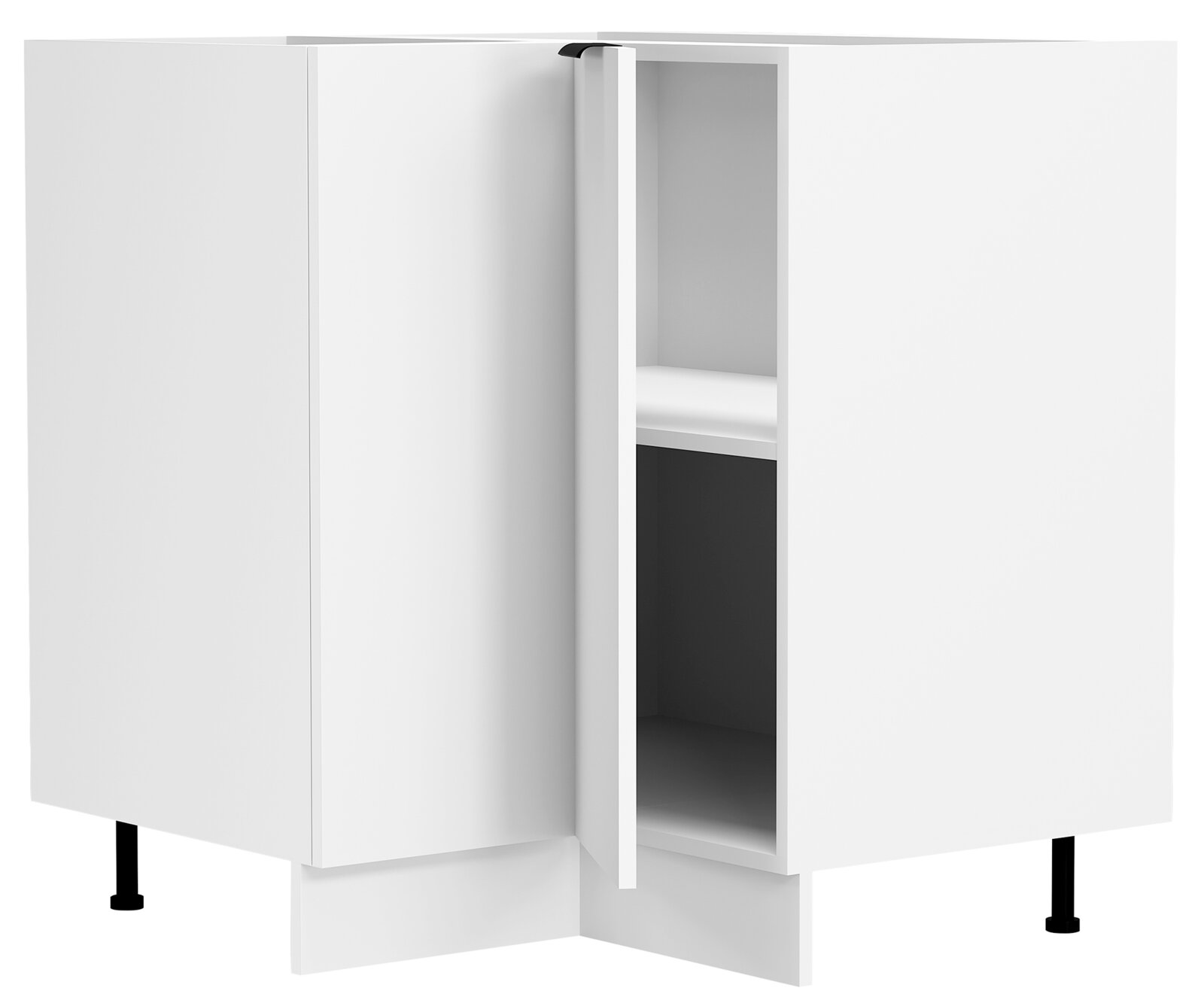 Weißer Eck-Unterschrank mit offener Front, Innenregal und schwarzen Füßen, in schräger Frontansicht von vorn.