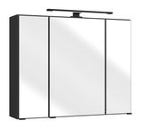 Moderner Spiegelschrank mit drei Türen und integrierter Beleuchtung, seitliche Perspektive