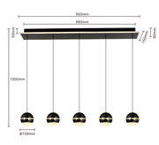 Moderne LED-Pendelleuchte mit fünf kugelförmigen Lampen, frontale Ansicht, ideal für stilvolle Innenräume.