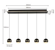 Moderne LED-Pendelleuchte mit fünf kugelförmigen Lampen, frontale Ansicht, ideal für stilvolle Innenräume.