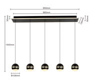 Moderne LED-Pendelleuchte mit fünf kugelförmigen Lampen, frontale Ansicht, ideal für stilvolle Innenräume.