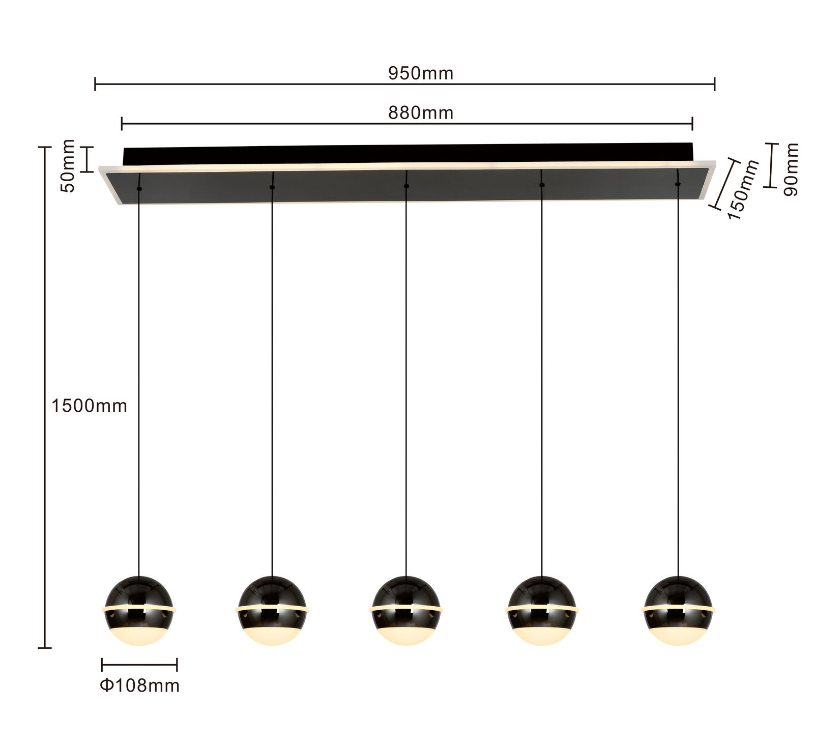 Moderne LED-Pendelleuchte mit fünf kugelförmigen Lampen, frontale Ansicht, ideal für stilvolle Innenräume.