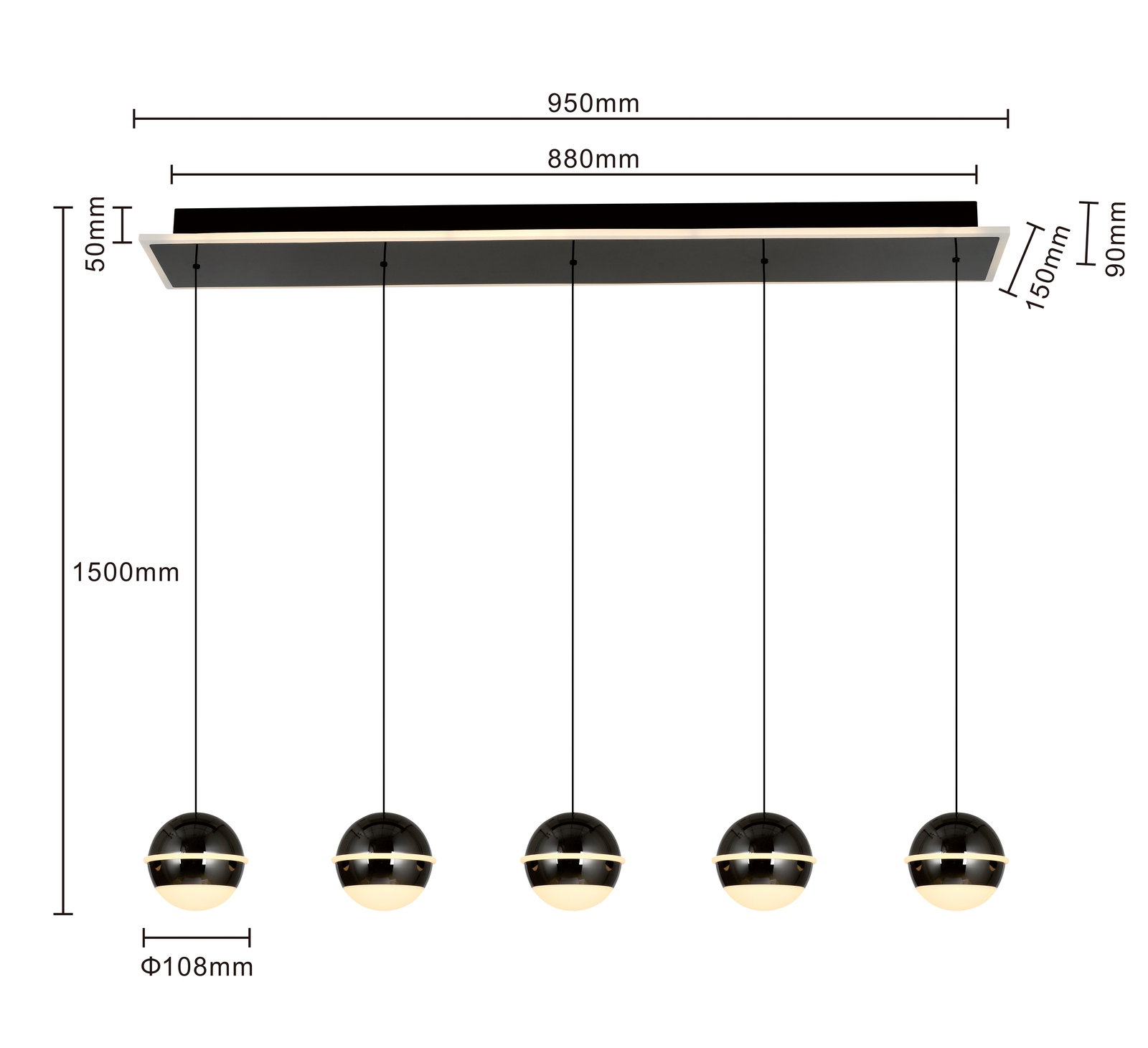 Moderne LED-hanglamp met vijf bolvormige lampen, vooraanzicht, ideaal voor stijlvolle interieurs.