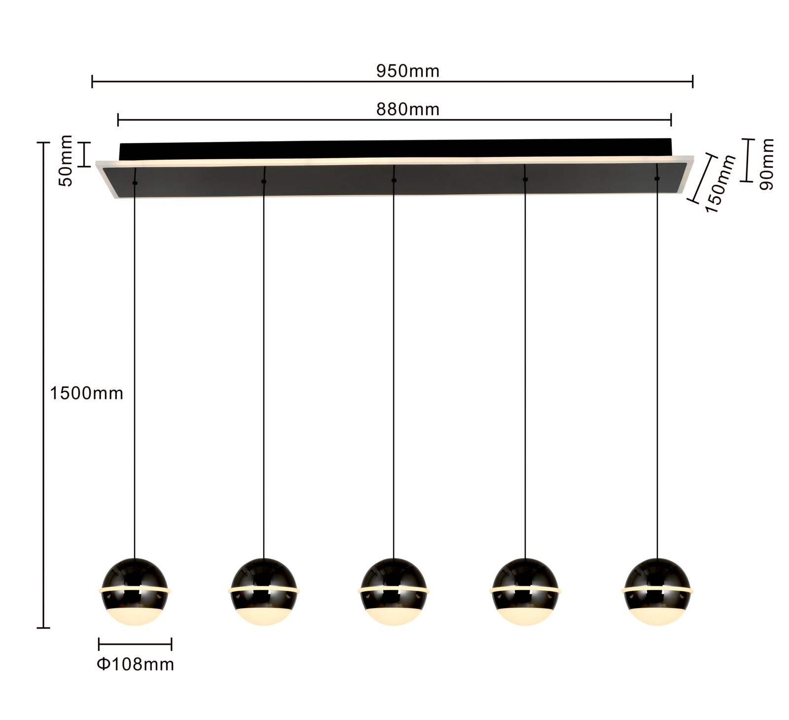 Moderne LED-hanglamp met vijf bolvormige lampen, vooraanzicht, ideaal voor stijlvolle interieurs.