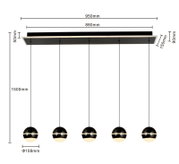 Moderne LED-hanglamp met vijf bolvormige lampen, vooraanzicht, ideaal voor stijlvolle interieurs.