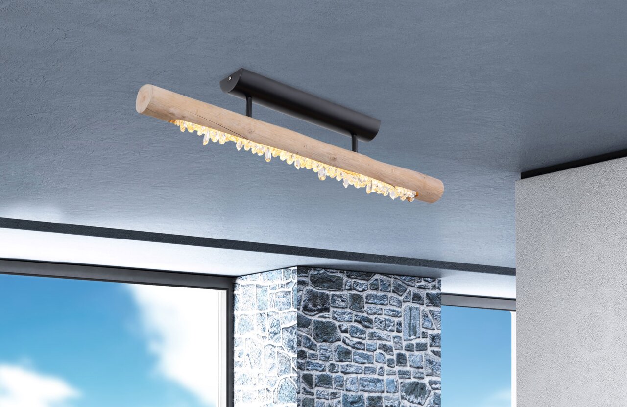 Globo Lighting Hängeleuchte FELICITAS Moderne Hängeleuchte aus Holz mit Kristallanhängern, seitliche Perspektive