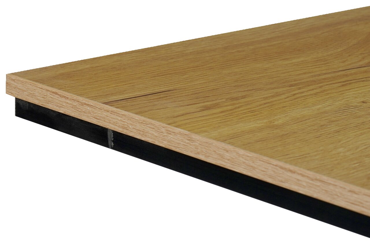 Nahaufnahme einer Tischkante aus Holz mit schwarzem Metallrahmen, perspektivisch von der Seite aufgenommen.