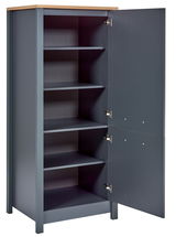 Grauer Vorratsschrank mit Holztop, geöffnete Tür, seitliche Perspektive